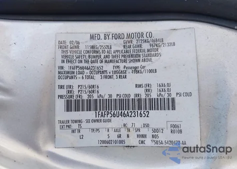 2006 Ford Taurus Sel z USA, uszkodzony, nr VIN 1FAFP56U46A231652